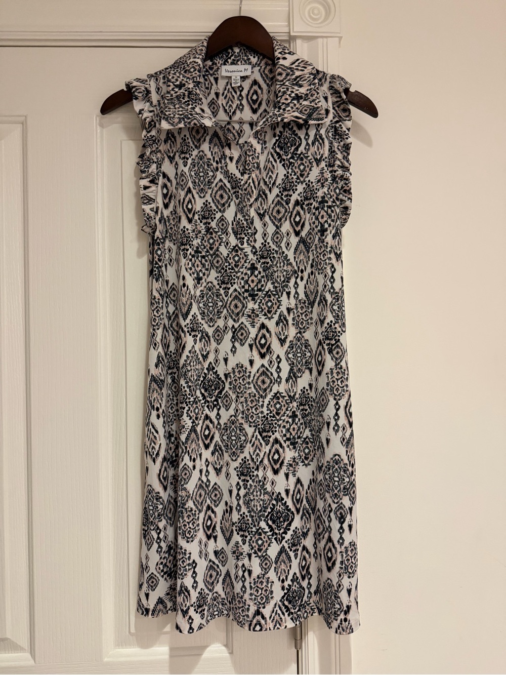 Veronica M Ikat Print Ruffle Sleeve Shift Dress Pockets Size M USA Made